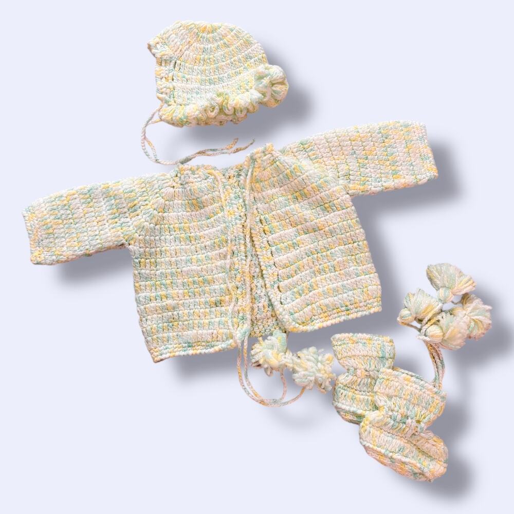 Vtg Crochet Newborn Baby Set Sweater Hat Bonnet Booties Hand Knit Pastel Doll